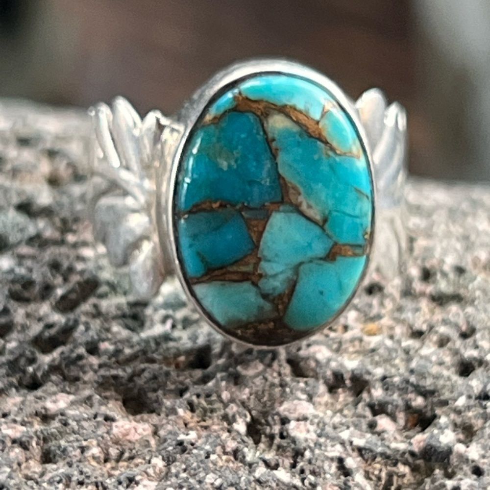 Vintage 925 Sterling Silver Turquoise Ring Blue Copper Matrix Leaf Band Sz 7